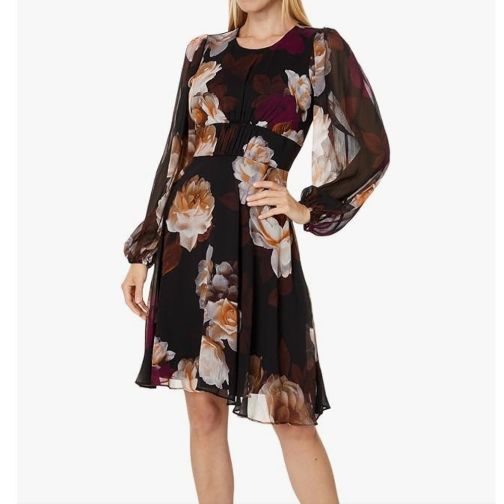 Calvin Klein Floral Chiffon Long Sleeve Fit and Flare Dress Black Size 4